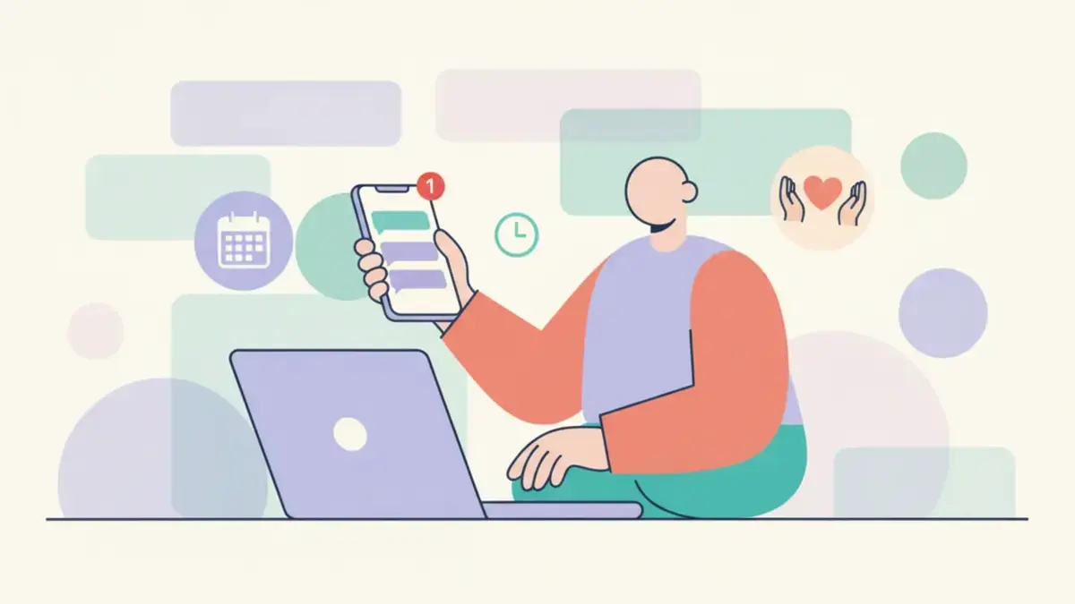 A phone showing unread messages next to a calm apology chat bubble and a small heart icon