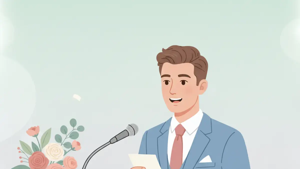 A soft pastel illustration of a best man at a wedding podium holding note cards beside a microphone and flowers