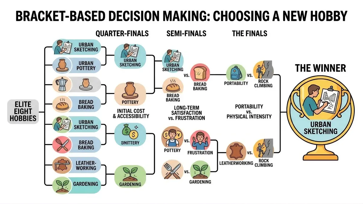 An illustrated head-to-head bracket for choosing between options, with the winner highlighted as Urban Sketching.