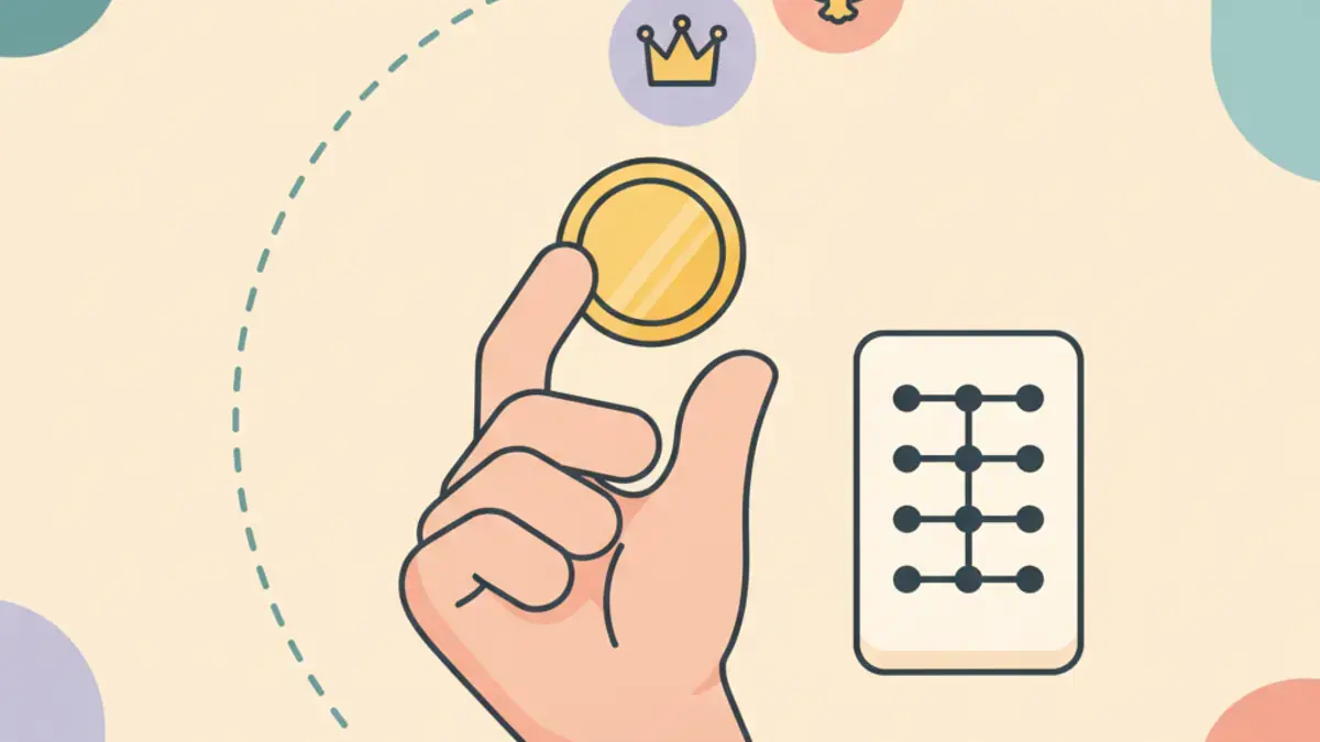 Hand flipping a coin with crown and eagle icons and a simple dot tally board on a pastel background