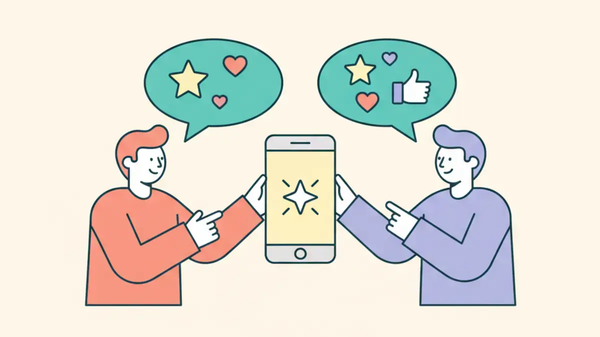 Two people sharing compliment icons with a phone showing a sparkle symbol