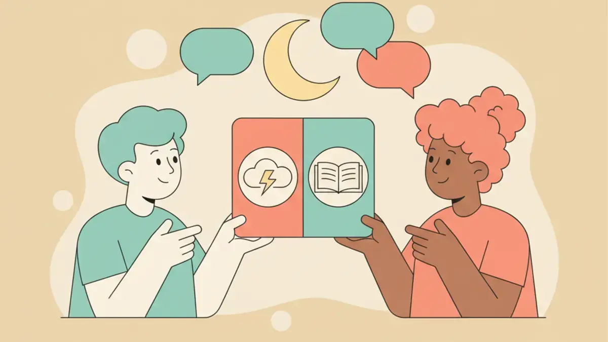 Two friends debating a split A/B choice card with chat bubbles and a moon icon above them