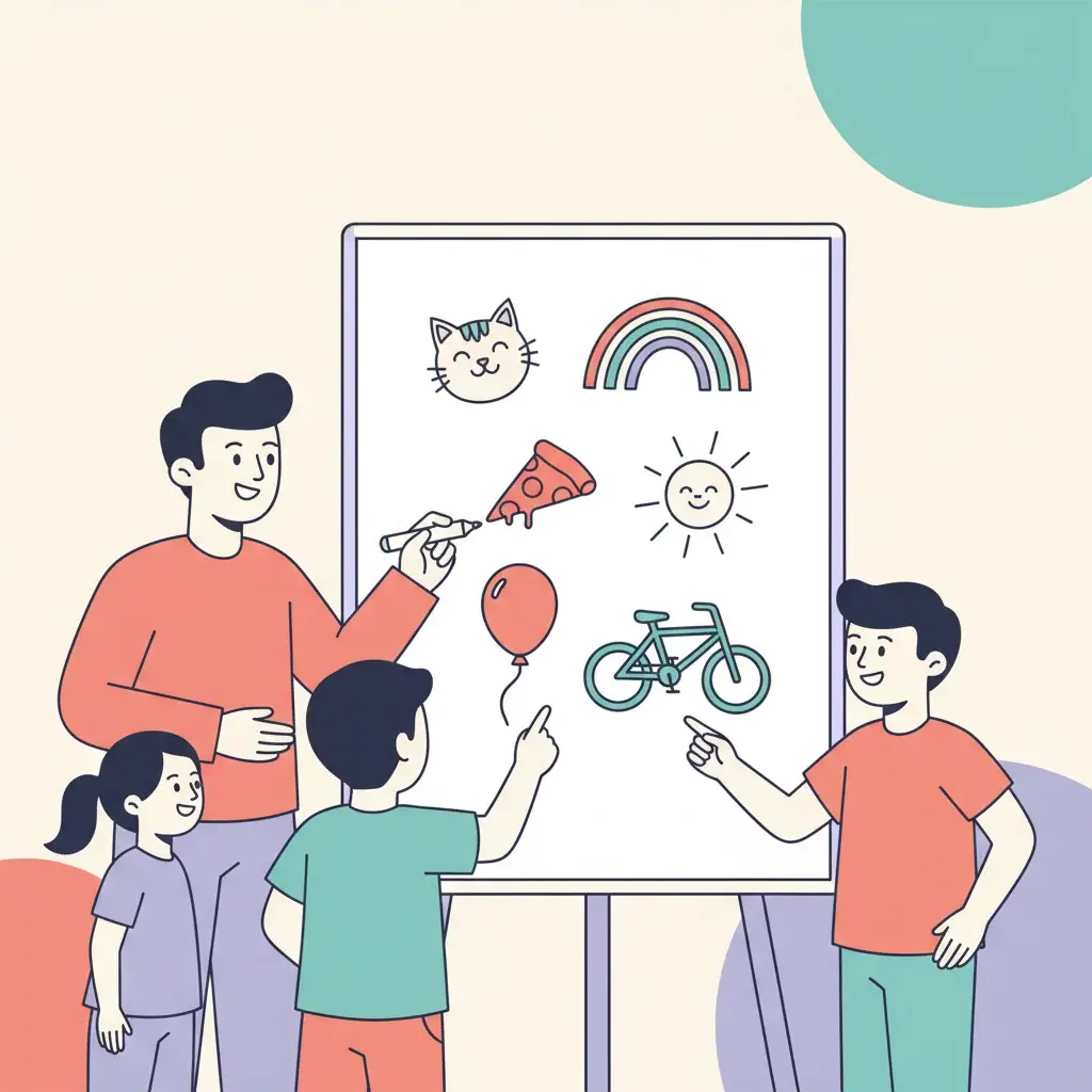 Teacher leading an easy Pictionary round for kids with simple whiteboard drawings of a cat, rainbow, pizza slice, balloon, and bicycle