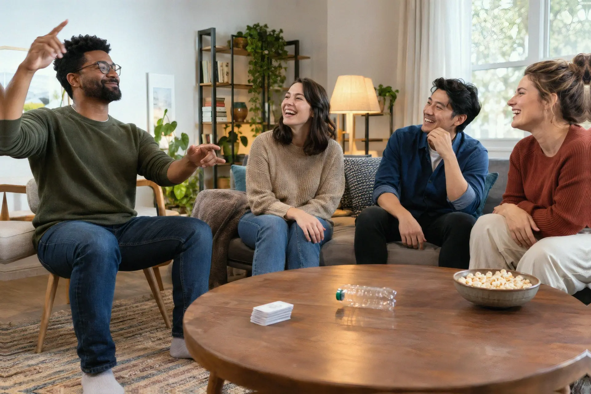 An adult acts as an imaginary conductor while friends guess a seated charade