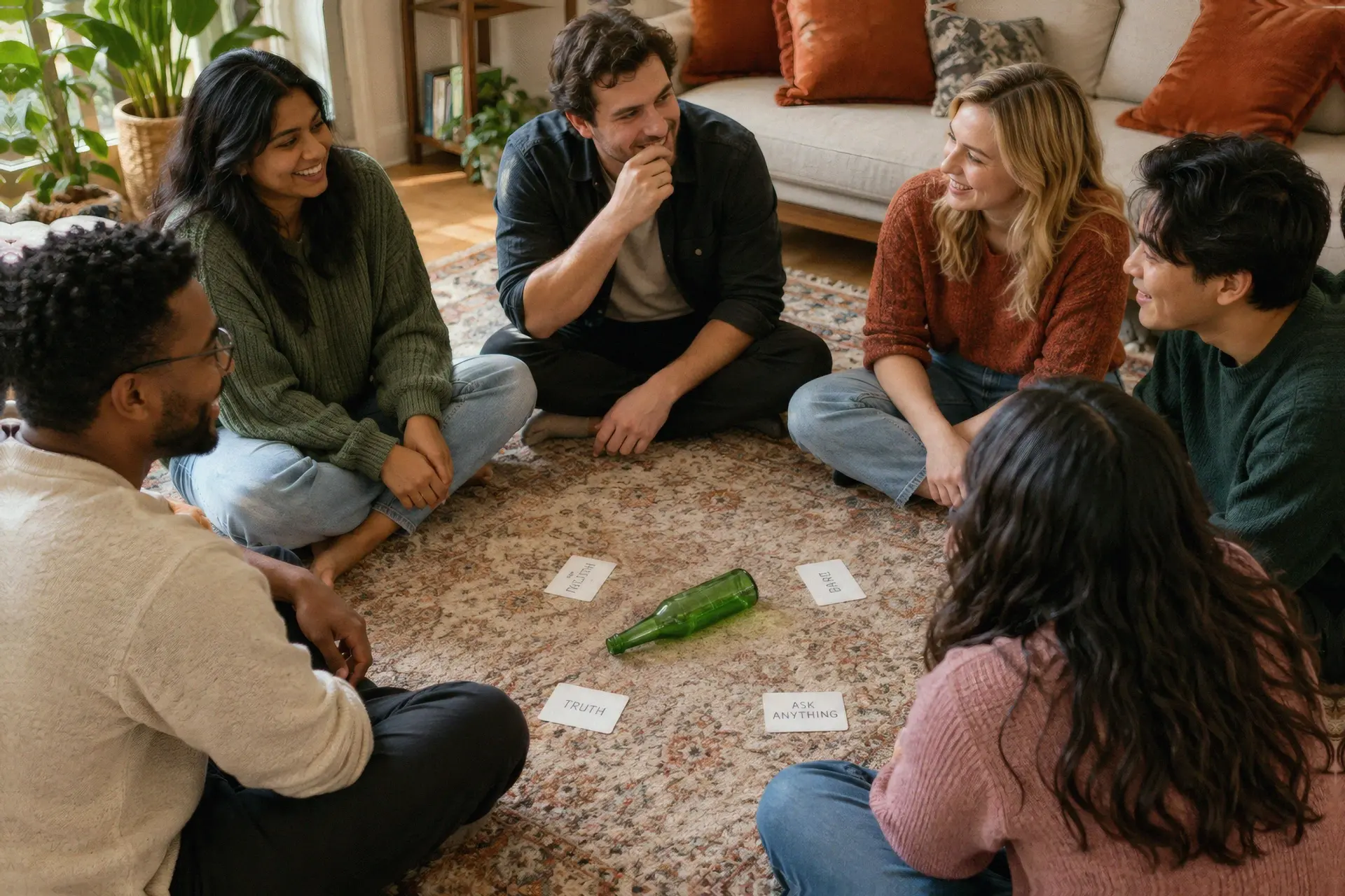 Six adult friends seated around an empty bottle for a no-contact question game