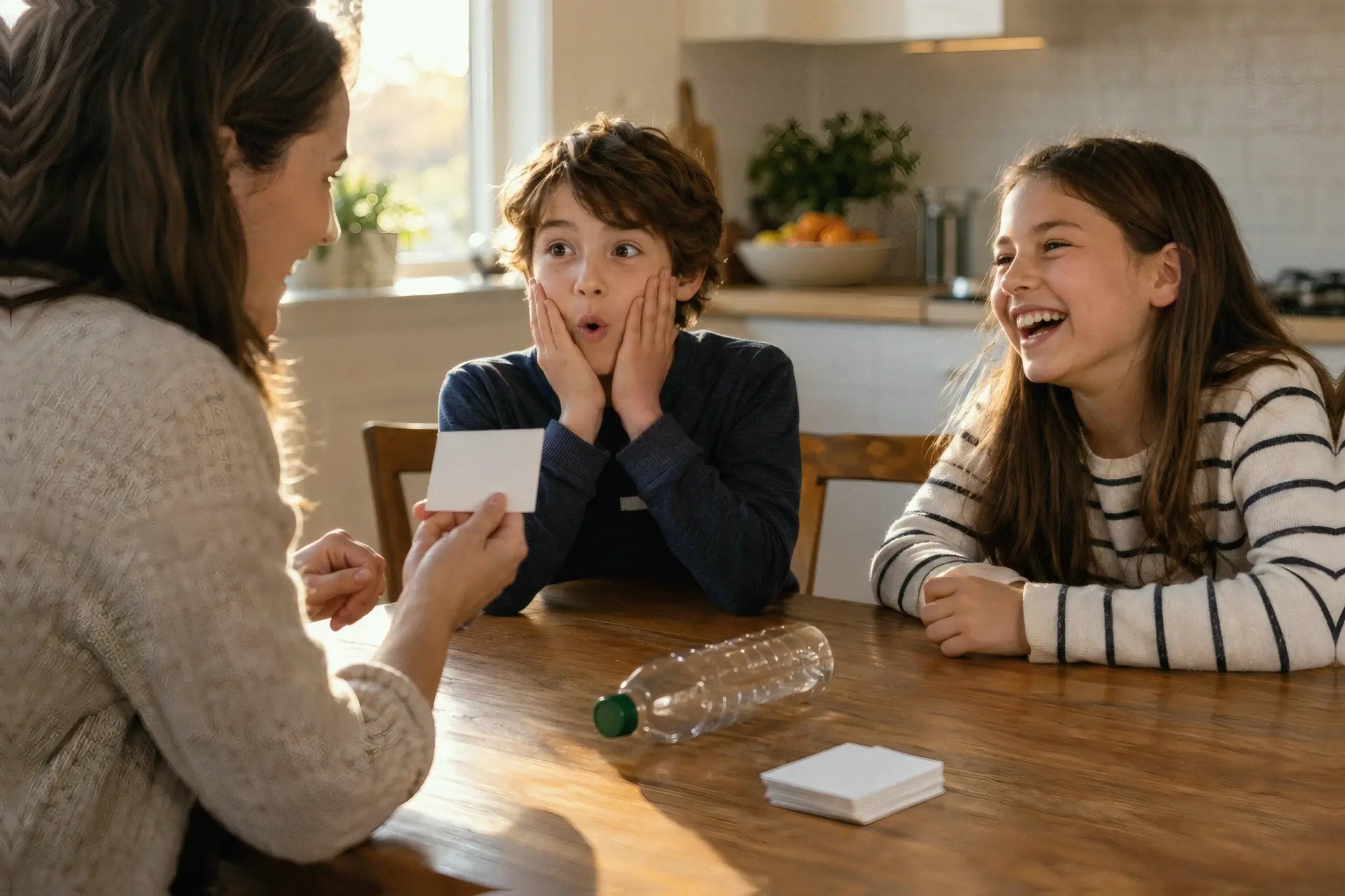 A parent and two children sharing a silly question during a family bottle game