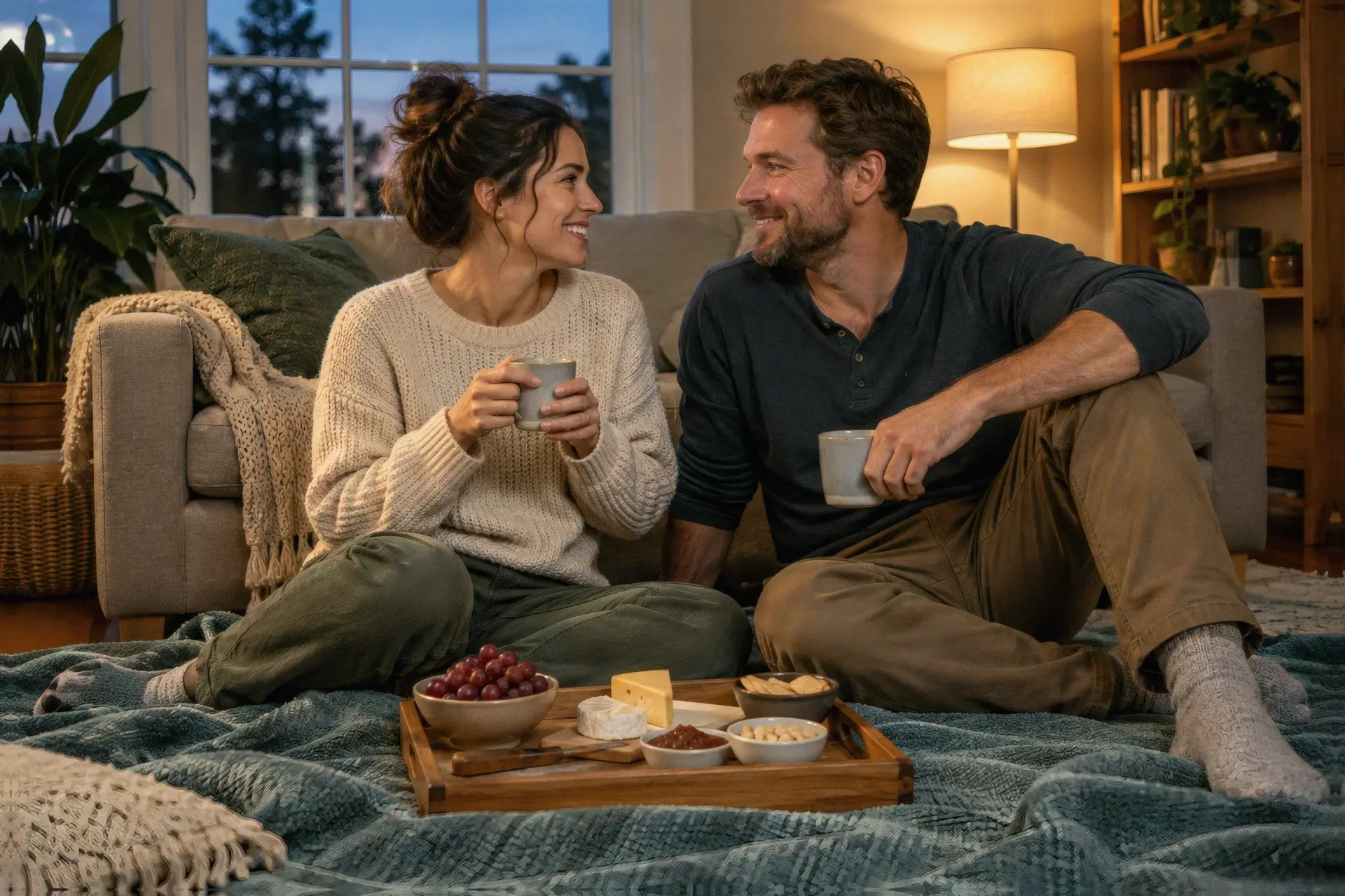 Couple sharing a living-room picnic during a relaxed date night