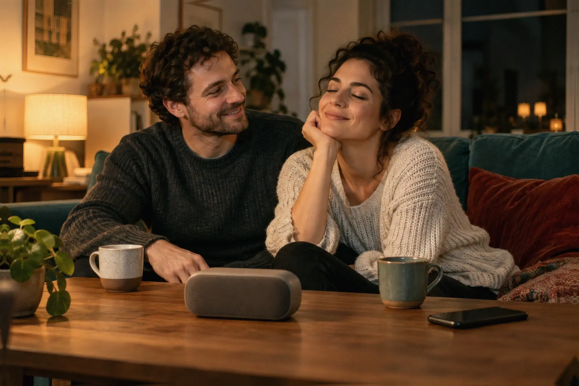 Couple relaxing together while choosing music and a movie for date night