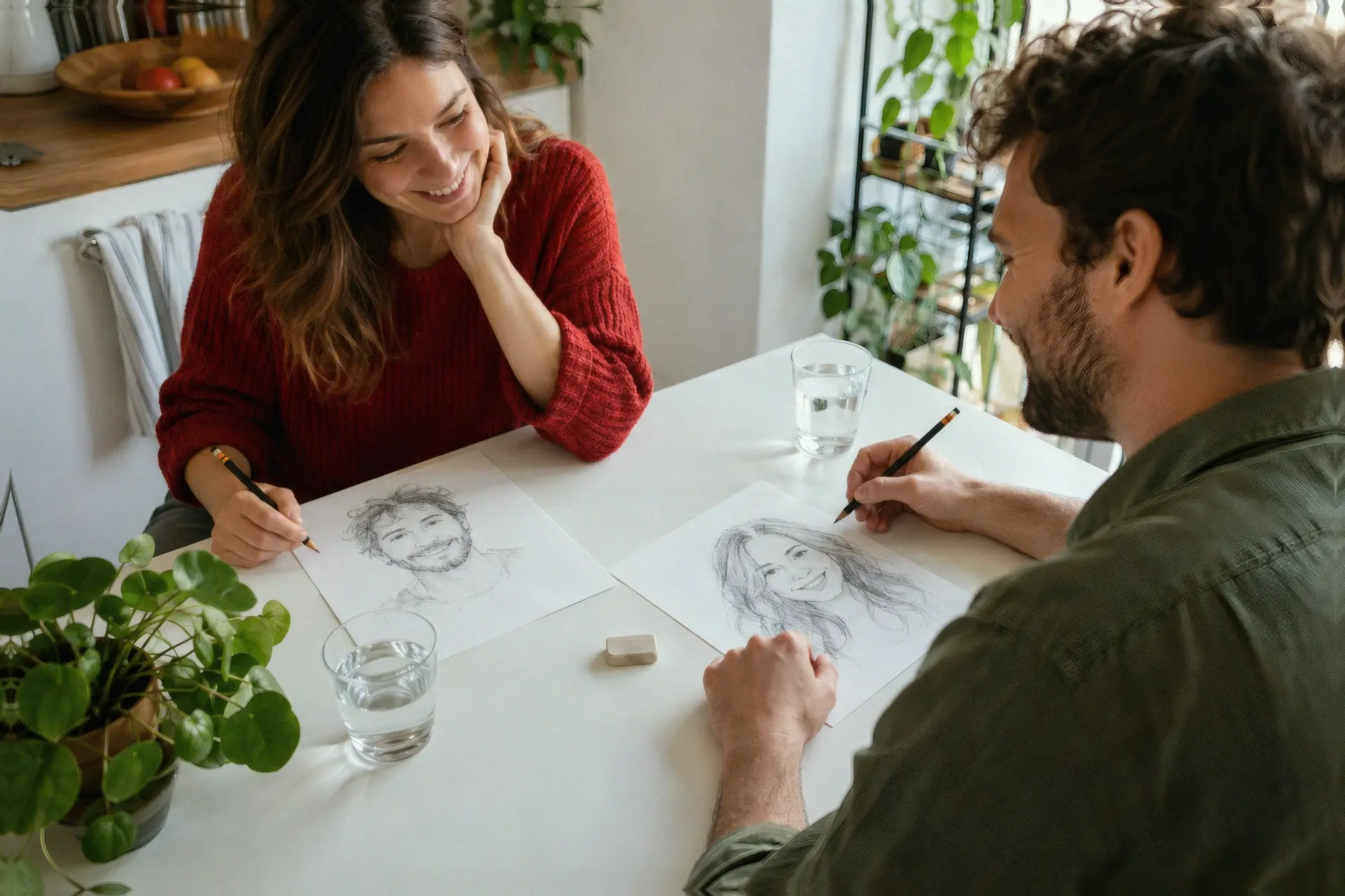Two adults drawing playful pencil portraits of each other across a table