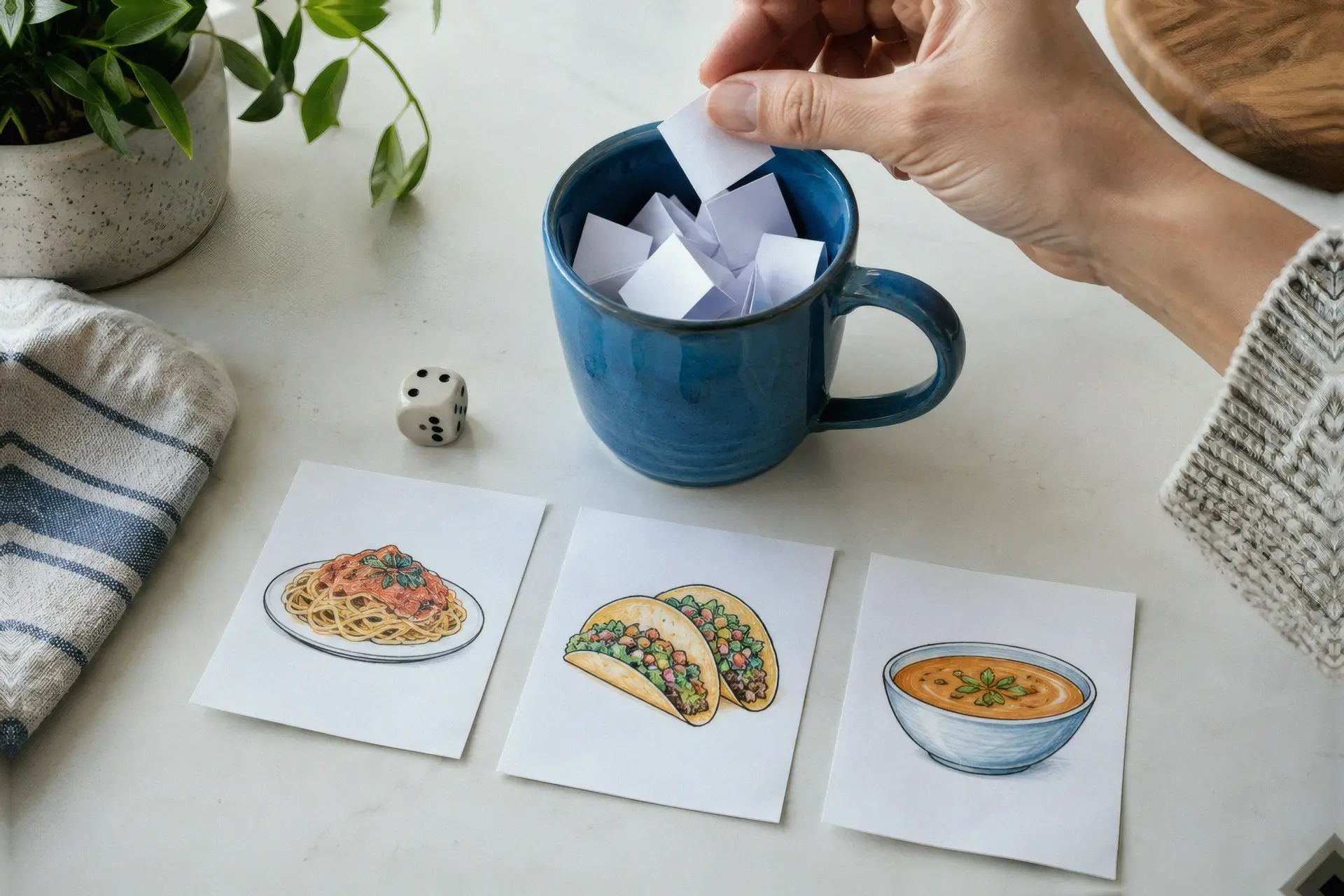 A single die and folded meal-choice slips beside a blue mug