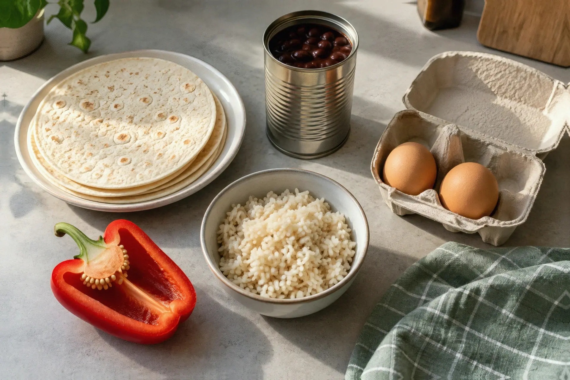 Rice, beans, tortillas, eggs, and half a pepper arranged on a kitchen counter