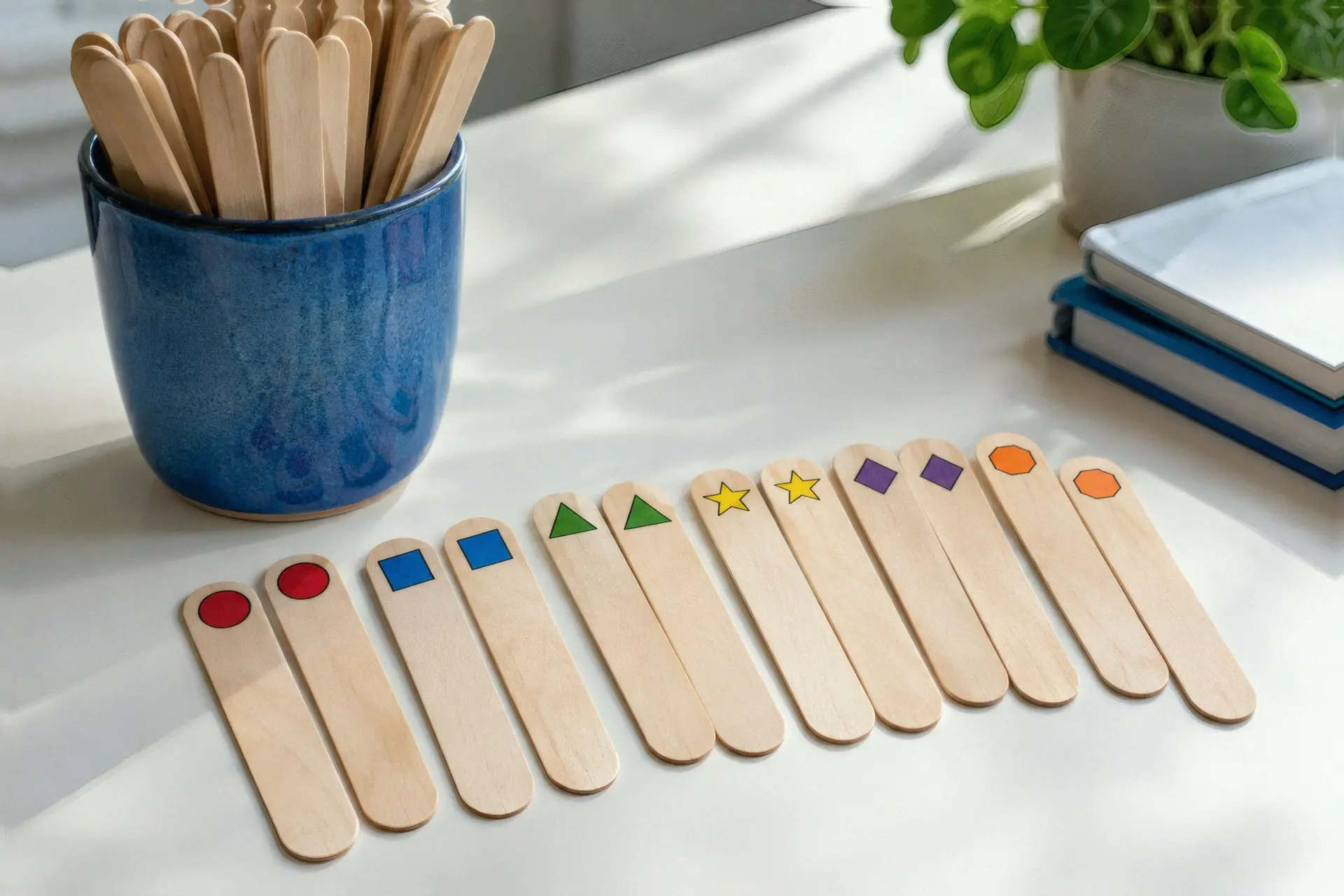Craft sticks marked with both colors and shapes beside a cup for drawing groups