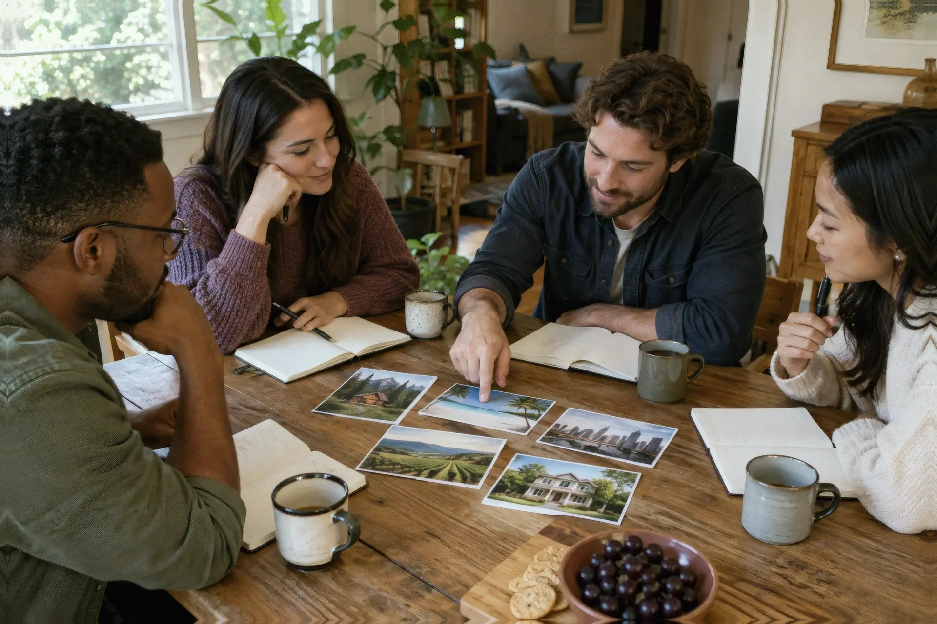 Coworkers discussing a prompt together around a meeting table