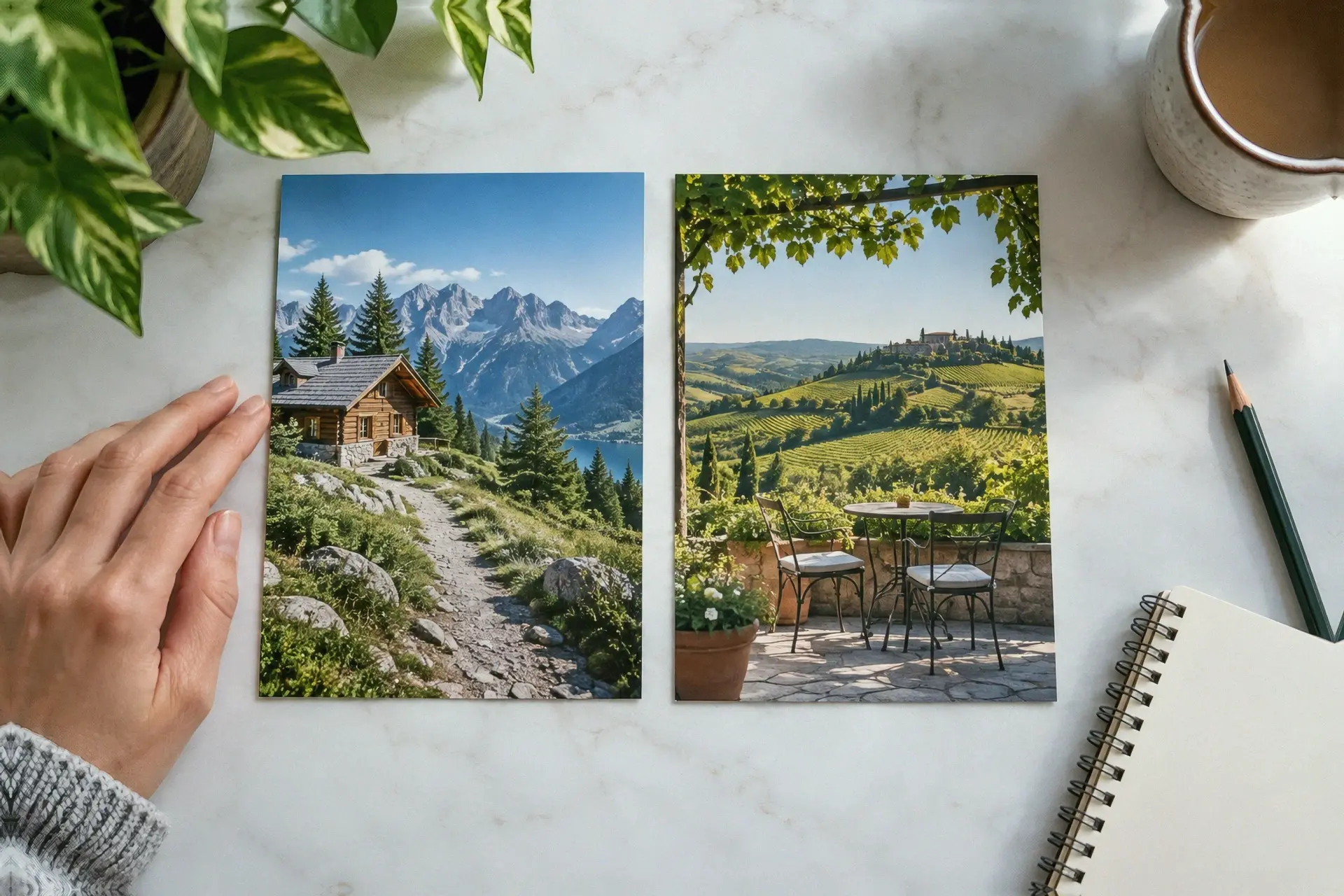 A mountain-cabin card and a vineyard card placed side by side for one comparison