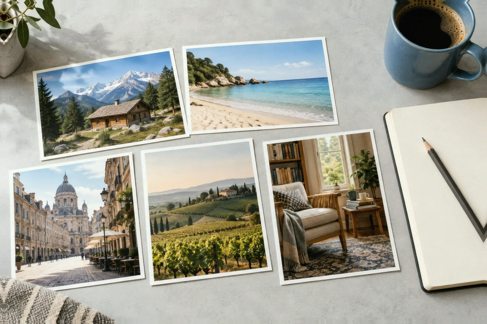 Five photographic trip options laid out beside a blank notebook for comparison