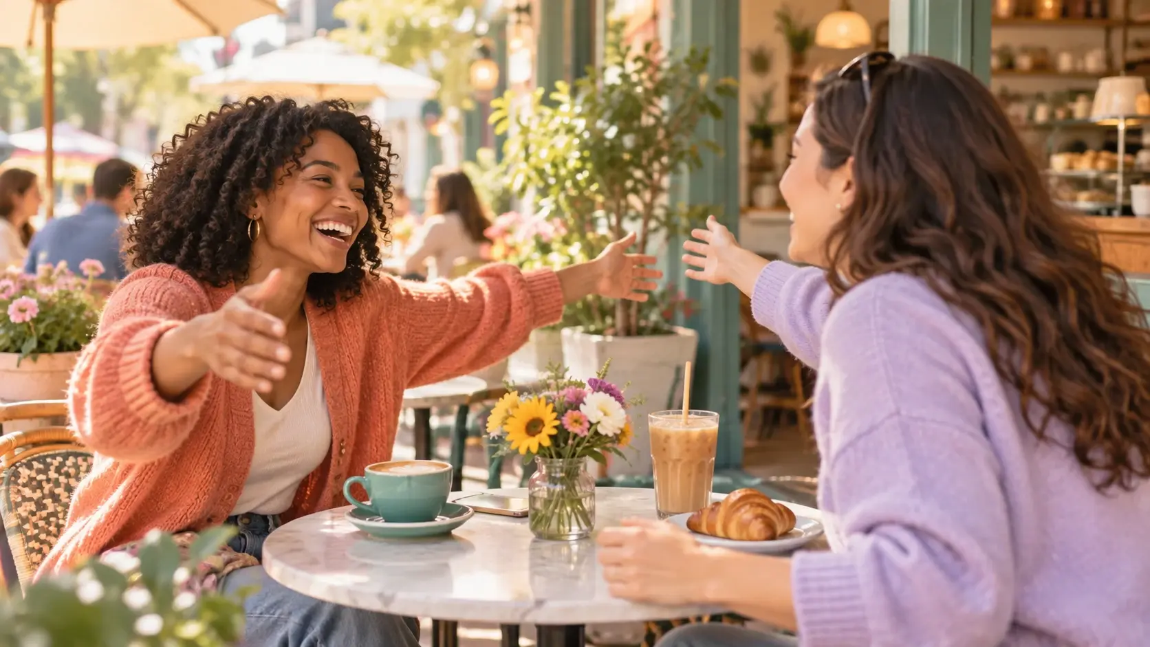Two friends reconnecting over coffee after rescheduling their plans