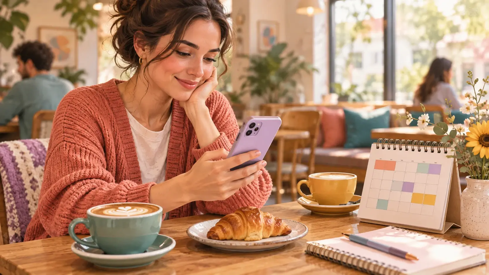 Person checking a phone beside coffee and a colorful rescheduling calendar