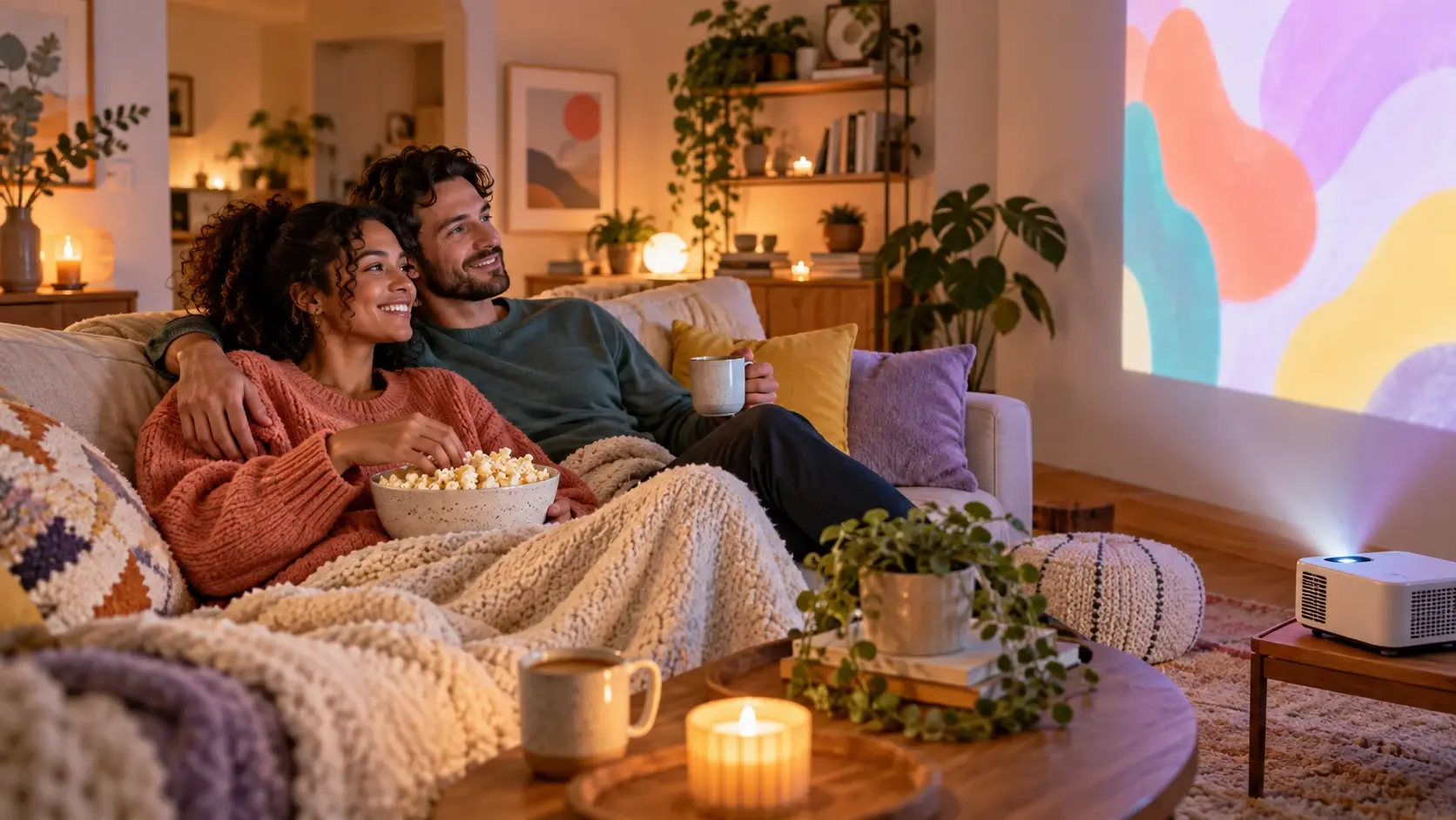 Couple enjoying a cozy movie night with popcorn and a home projector