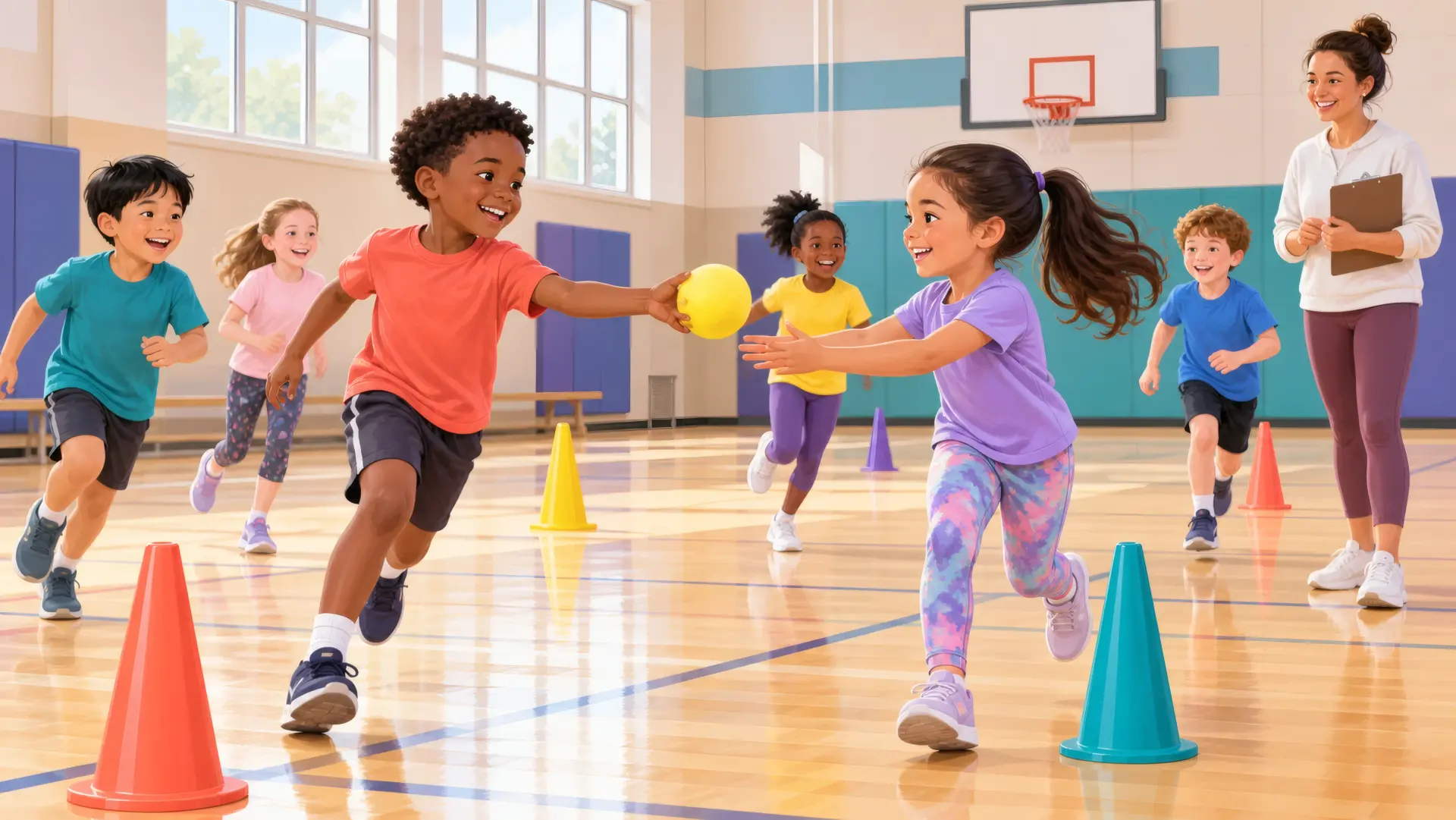 Elementary students playing a relay game around colorful cones in a bright gym