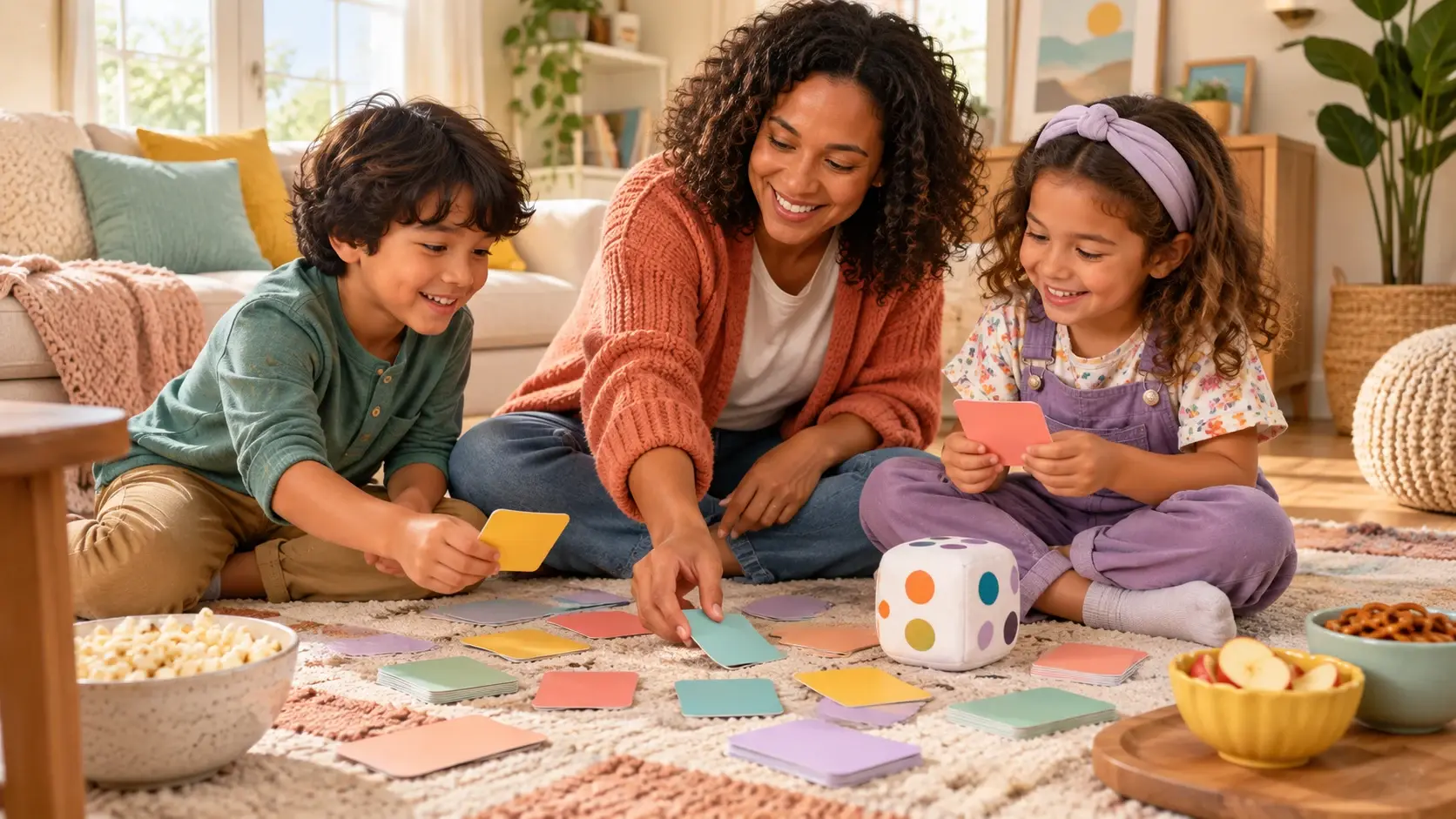 Parent and children sorting colorful prompt cards for a family game
