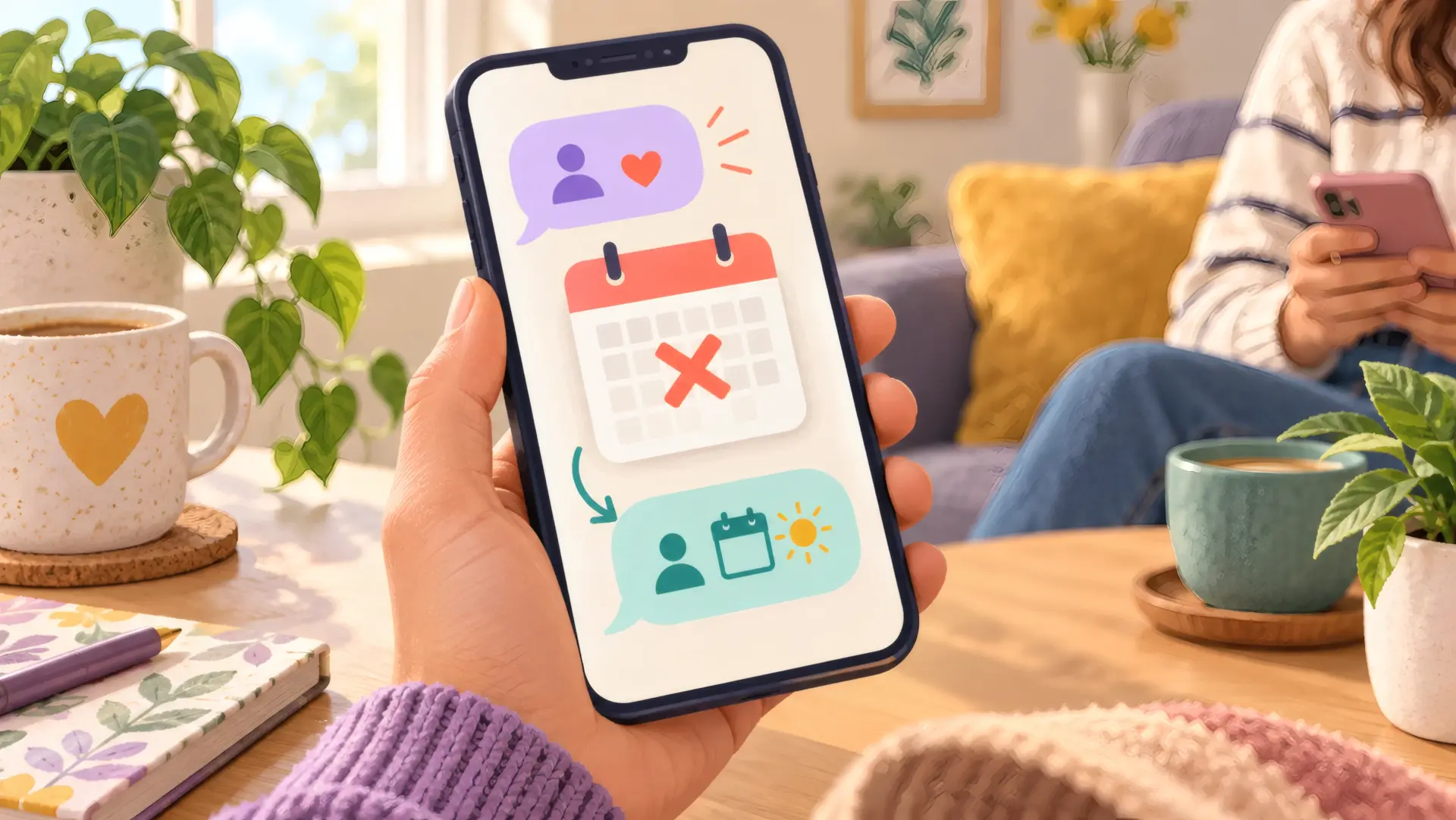 Hand holding a smartphone with a canceled calendar card and a rescheduling message icon