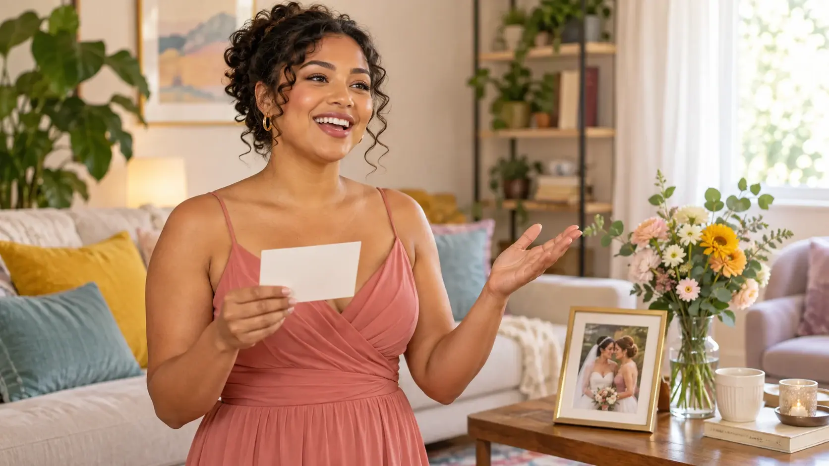 Maid of honor practicing a wedding speech with a blank note card
