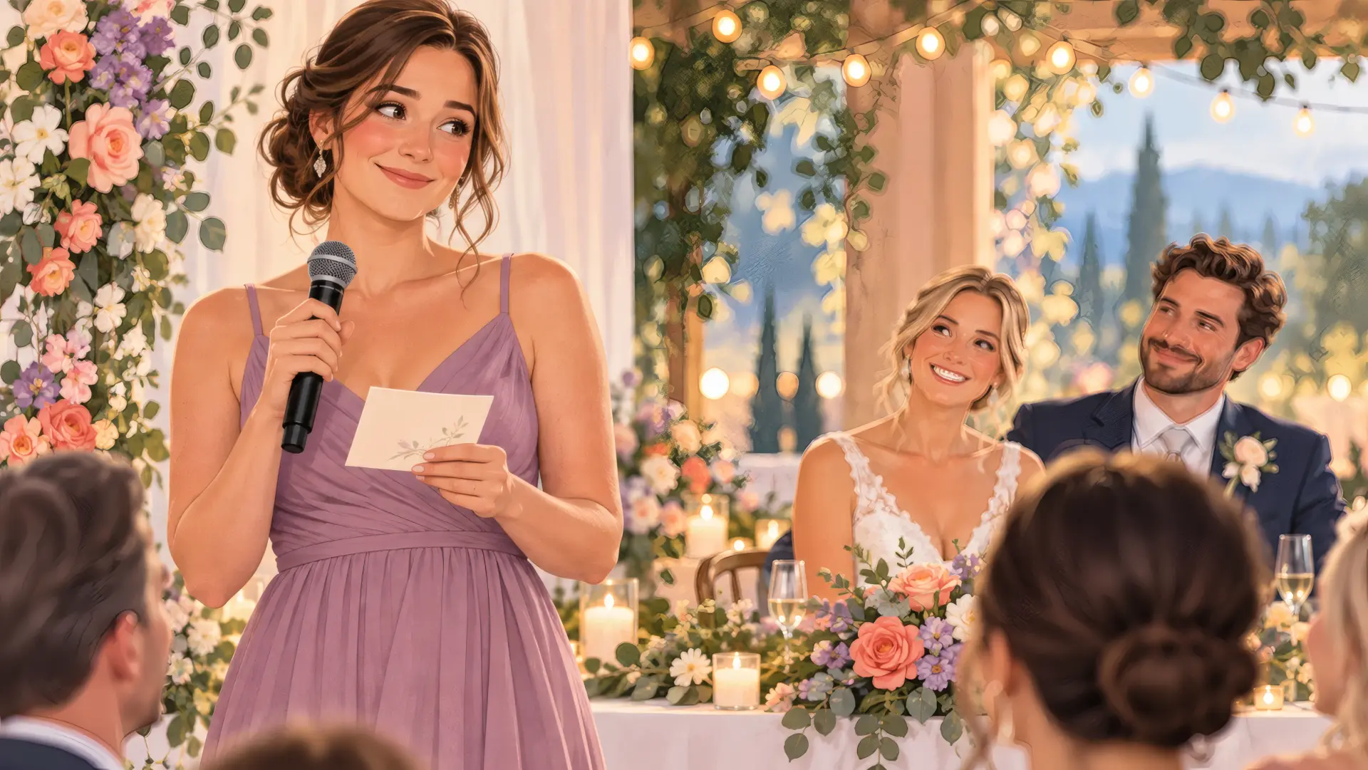 Maid of honor speaking into a microphone while holding a speech card at a wedding