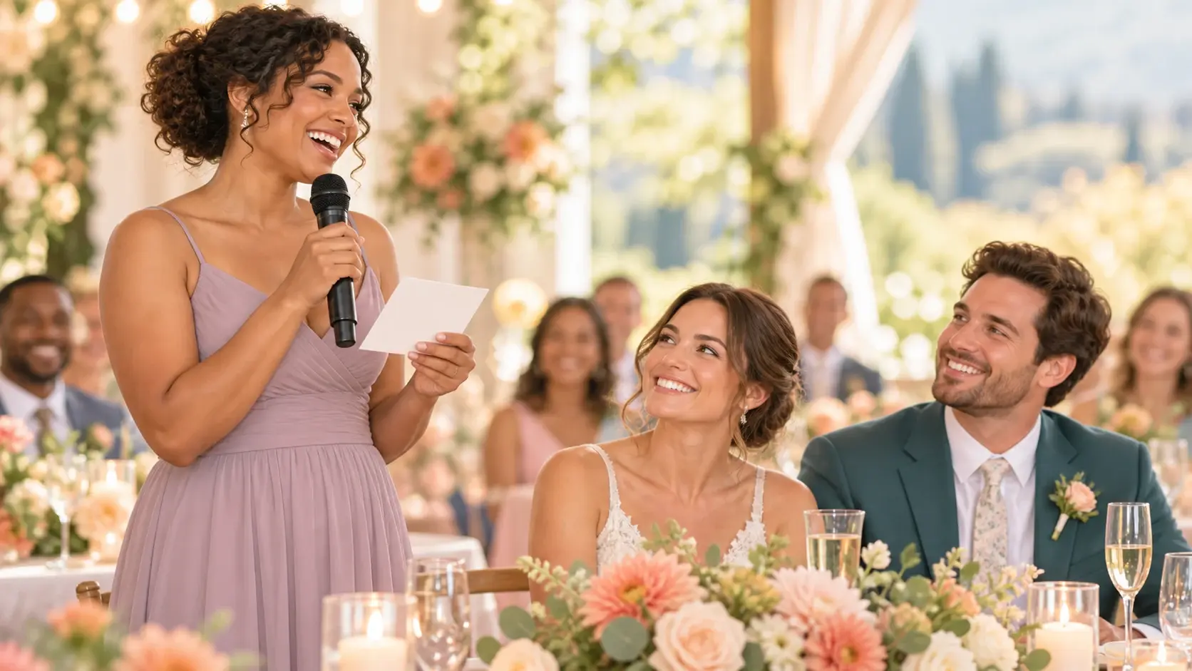 Maid of honor giving a joyful wedding toast with a microphone