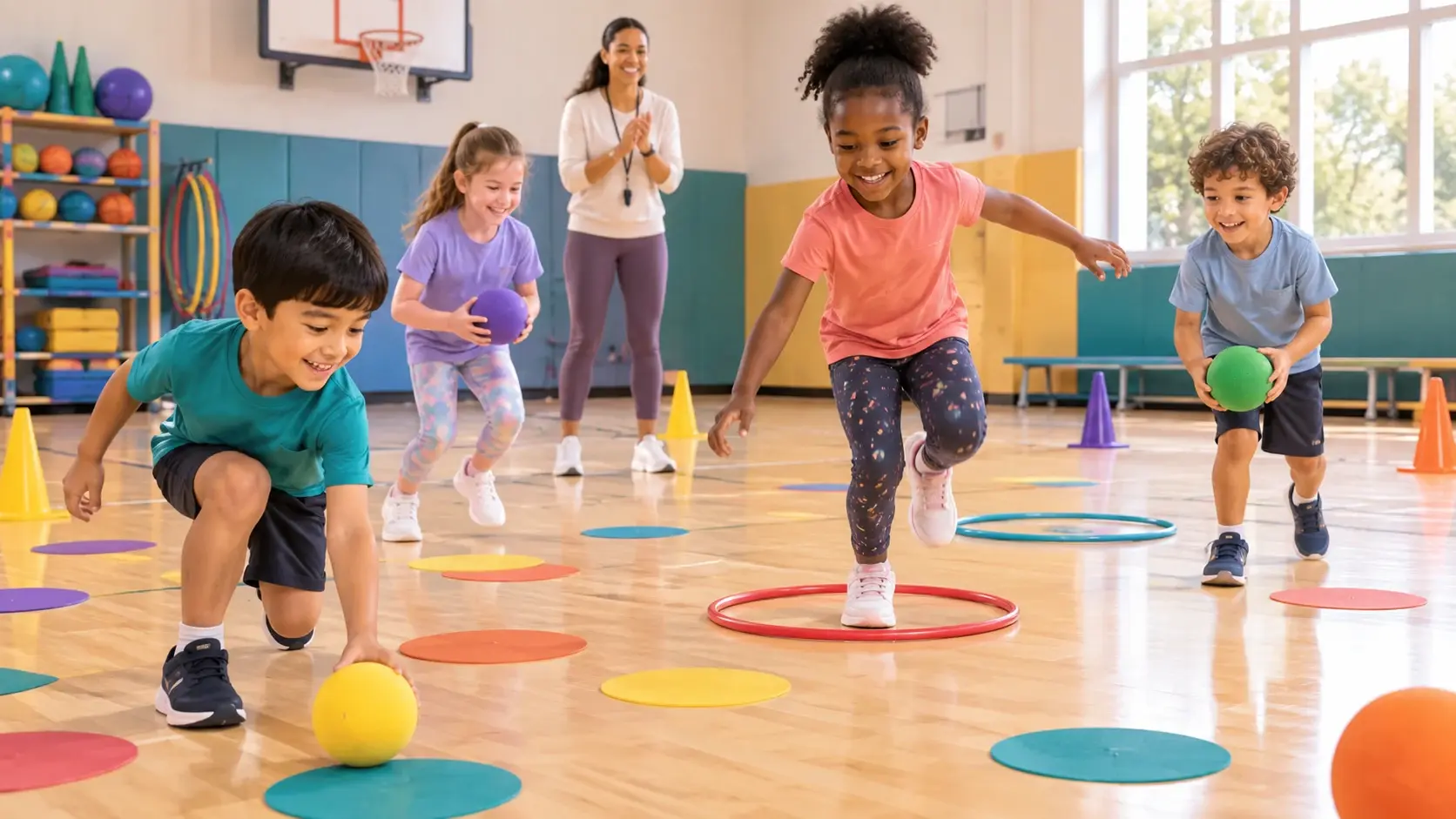 Elementary students playing a cooperative movement game with colorful floor spots