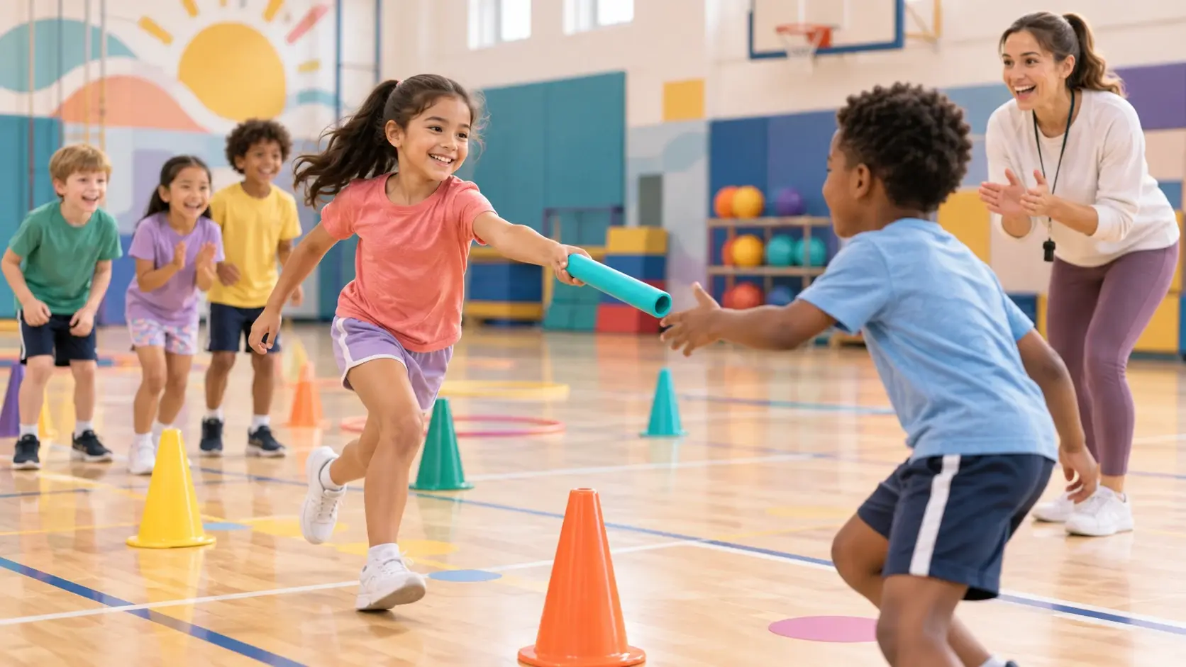 Children passing a soft baton around cones during an elementary PE relay