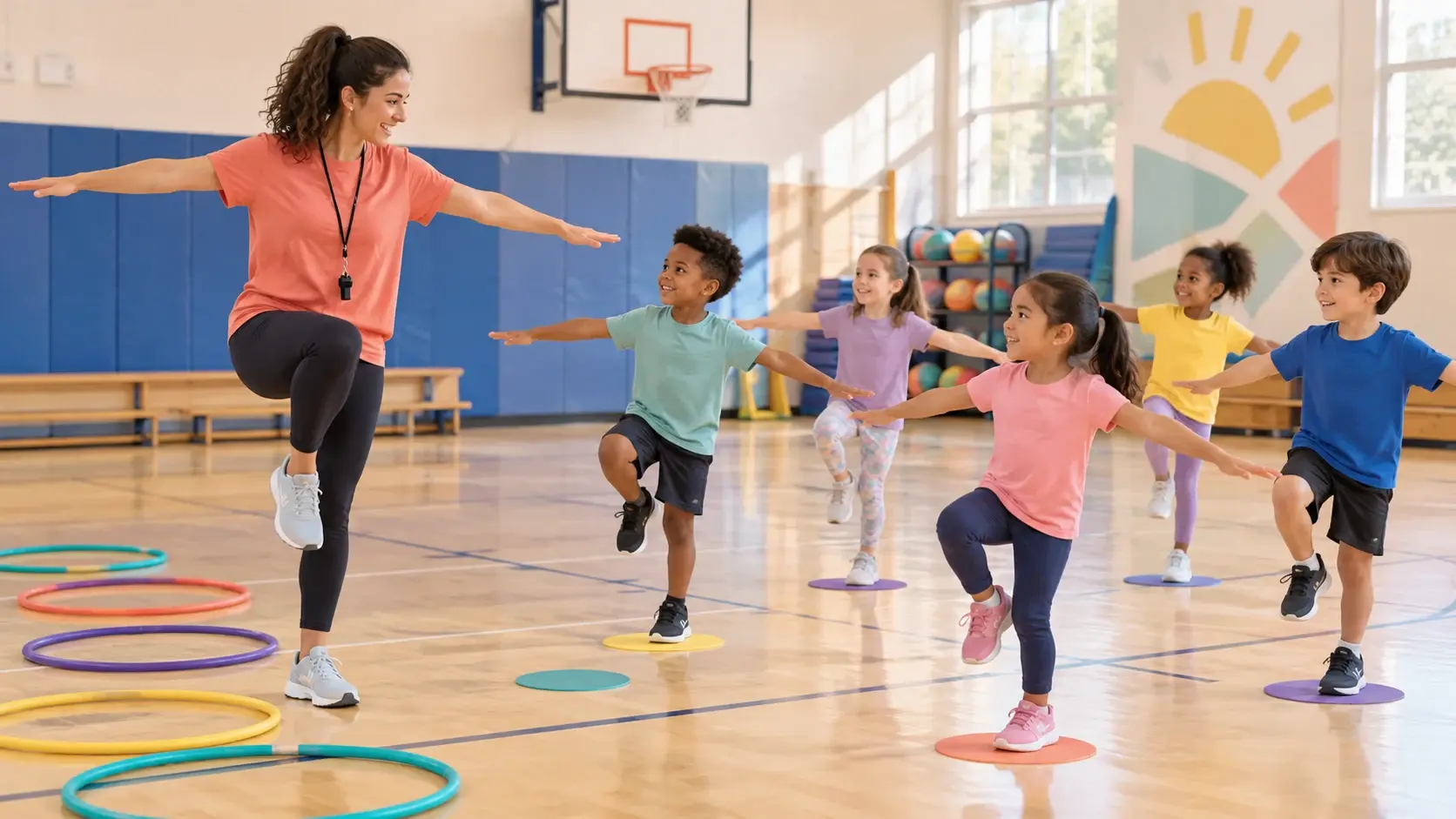 PE teacher demonstrating a balance activity to elementary students