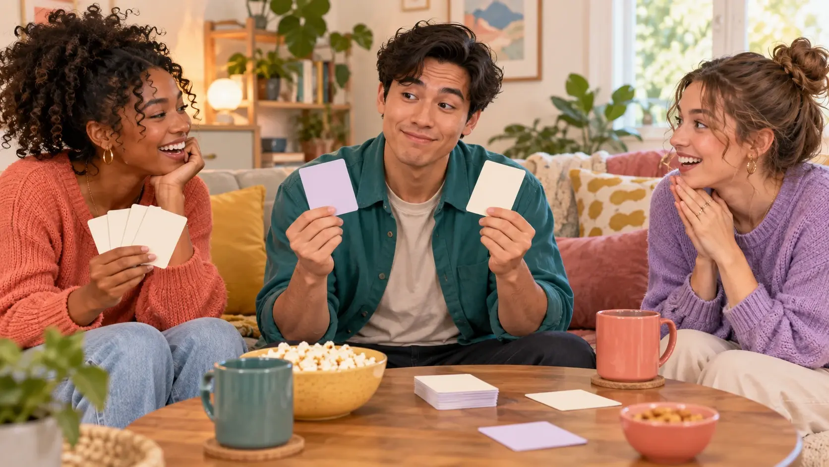 Friends holding colorful blank prompt cards during a question game