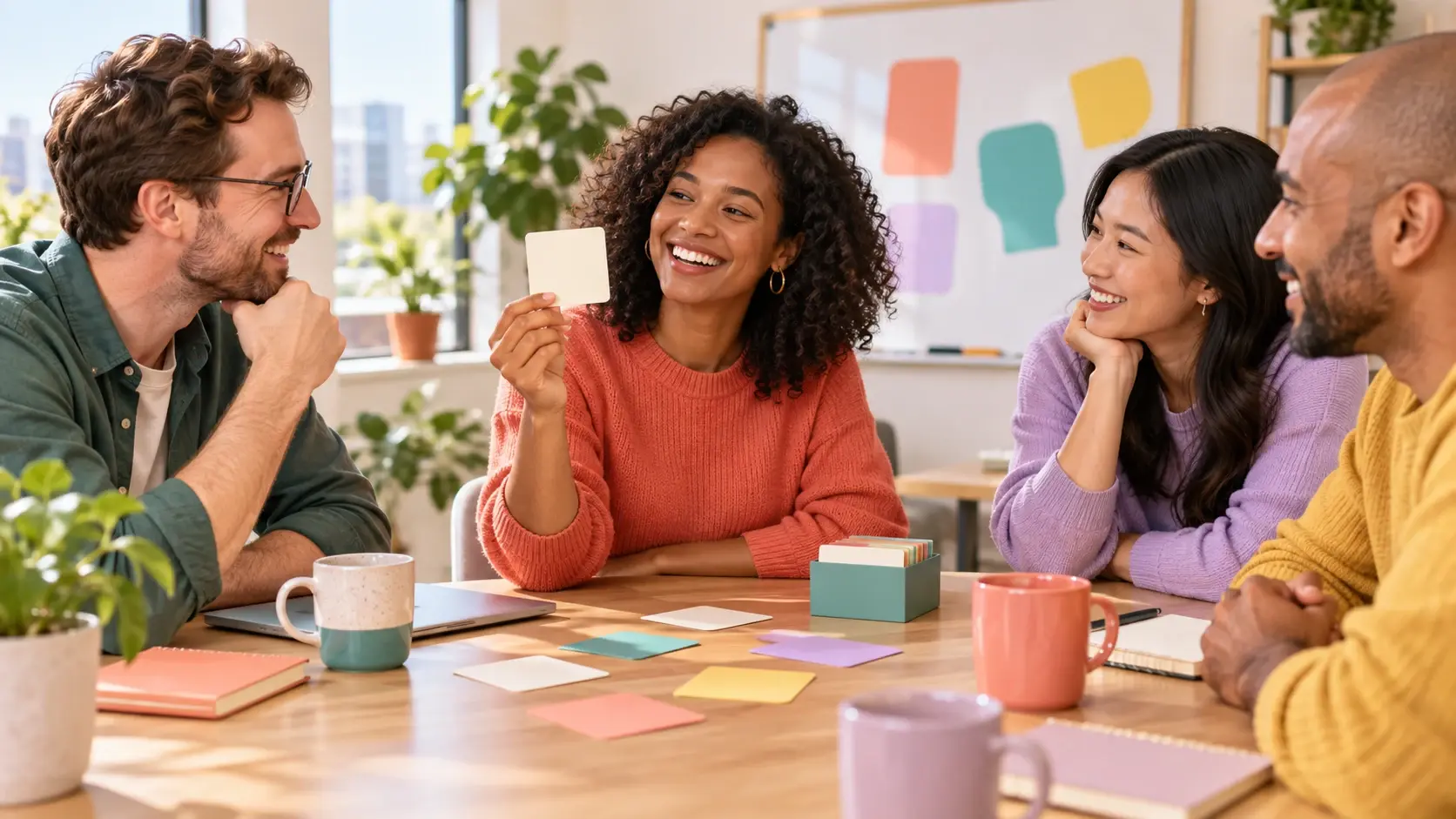 Remote coworkers smiling during a friendly video question session