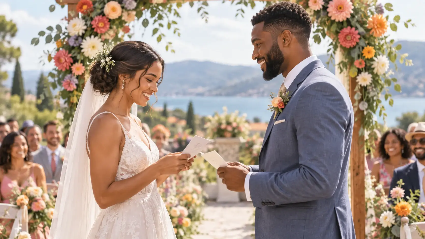 Newly married couple exchanging vow cards beneath a floral wedding arch