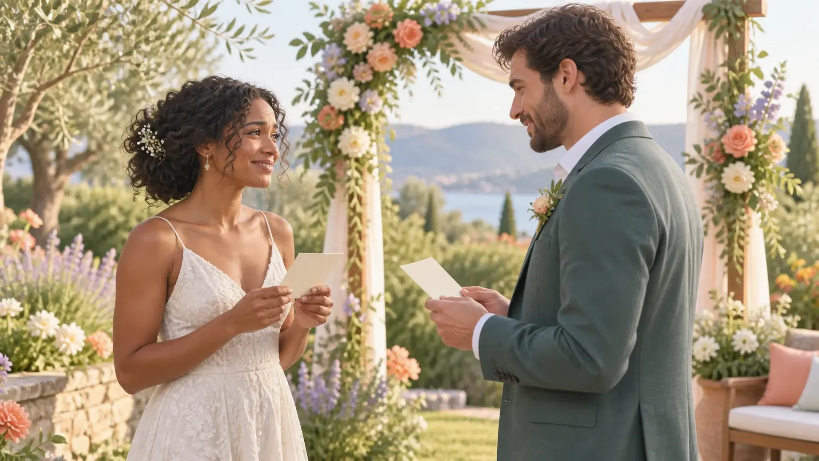Engaged couple rehearsing their vows beneath a floral ceremony arch