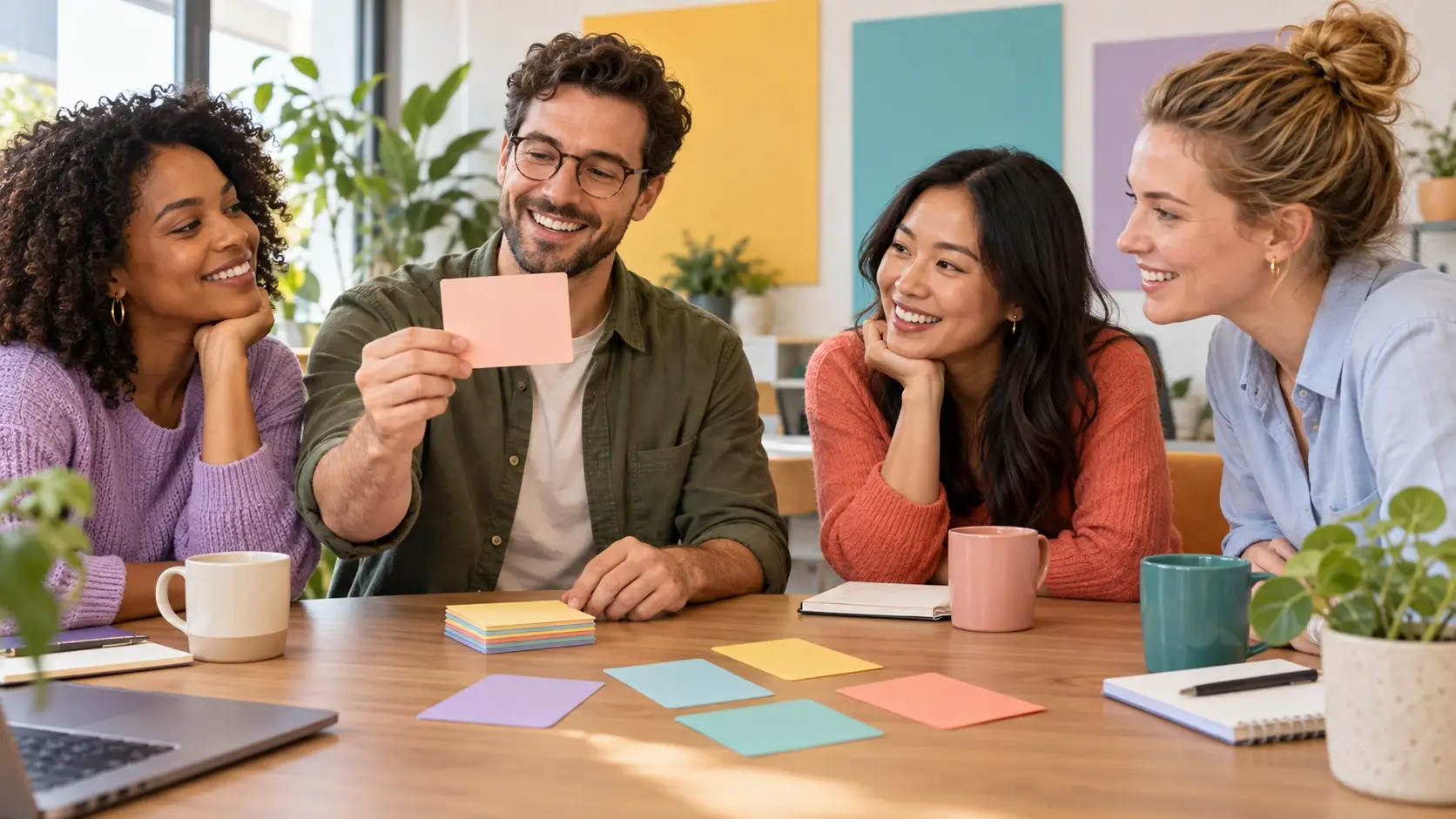Workplace team choosing a colorful daily question card before a meeting