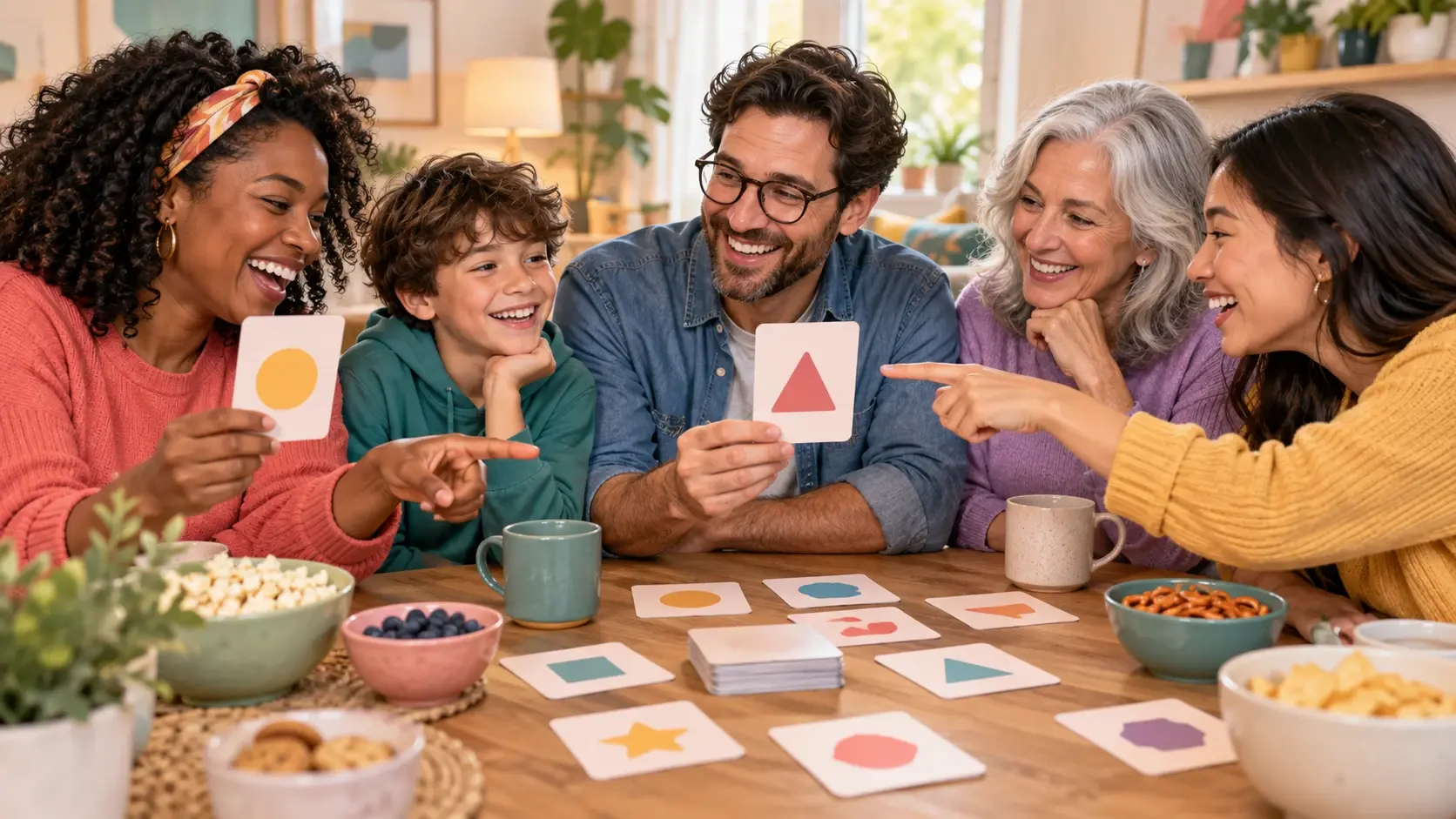 Friends and family comparing colorful prompt cards during a game night