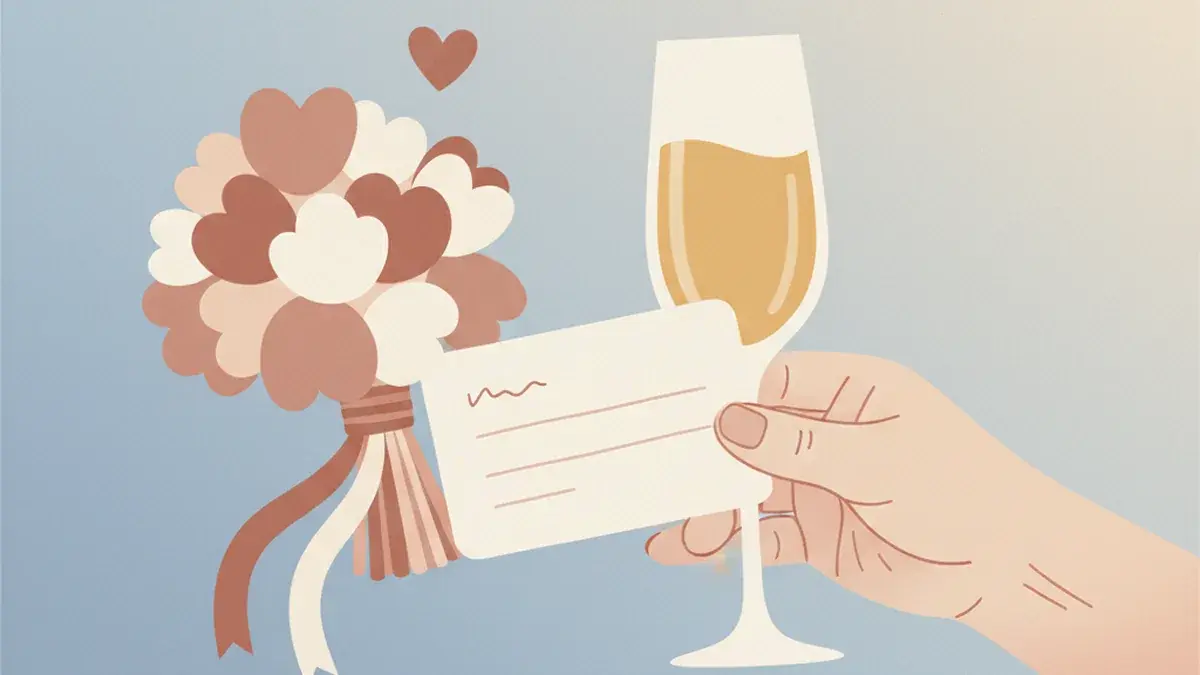 A father giving a toast with a note card and a small heart icon beside a wedding bouquet on a soft pastel background