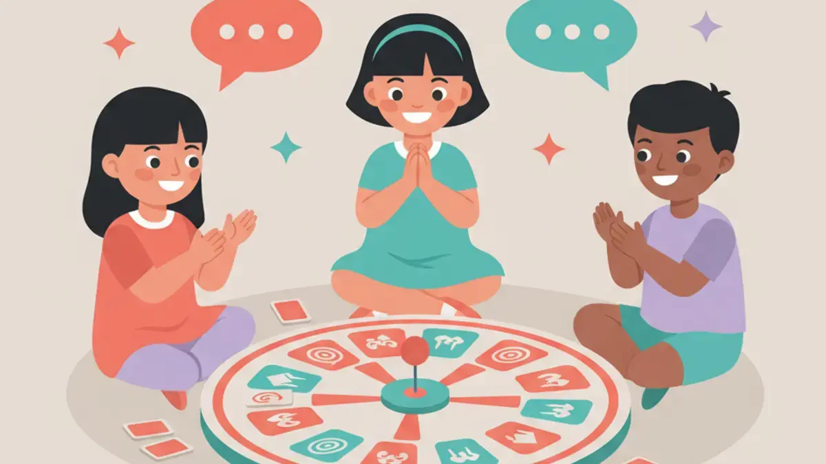Three kids gathered around a colorful spinner game with cheerful speech bubbles