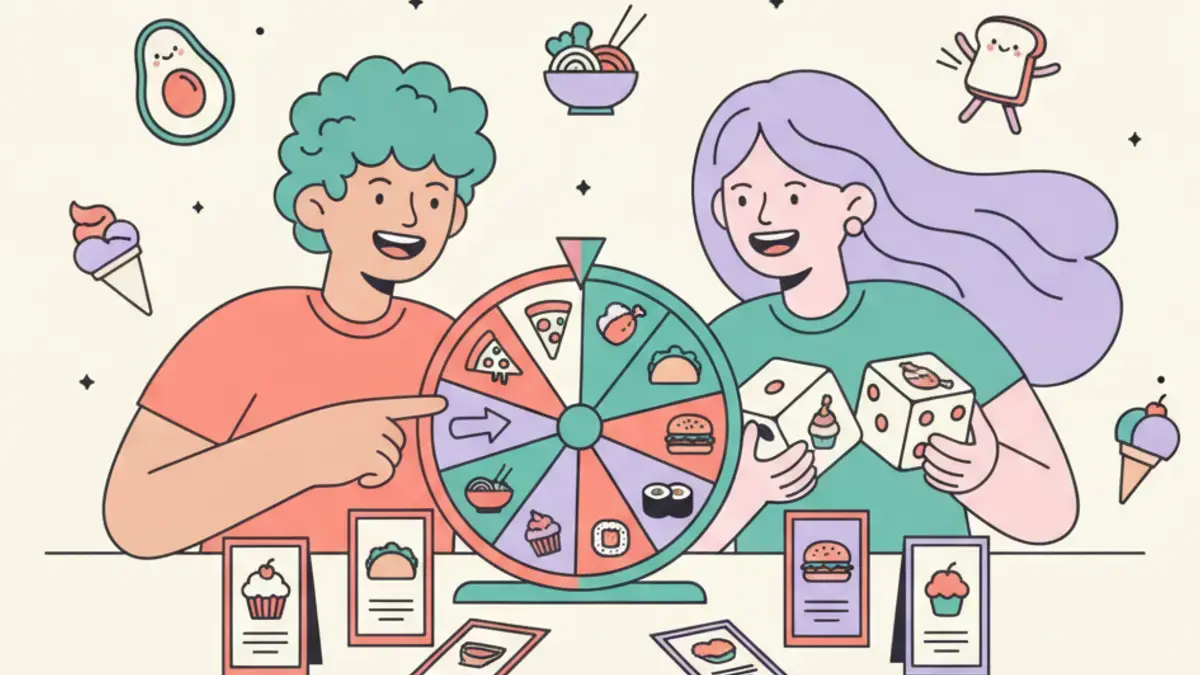 Friends deciding what to eat with a food spinner, dice, and menu cards on a kitchen table