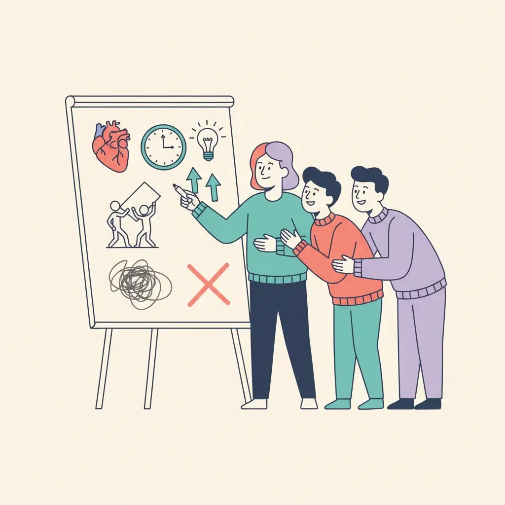 Adult player breaking a hard Pictionary prompt into simple symbols on a whiteboard with teammates watching and reacting