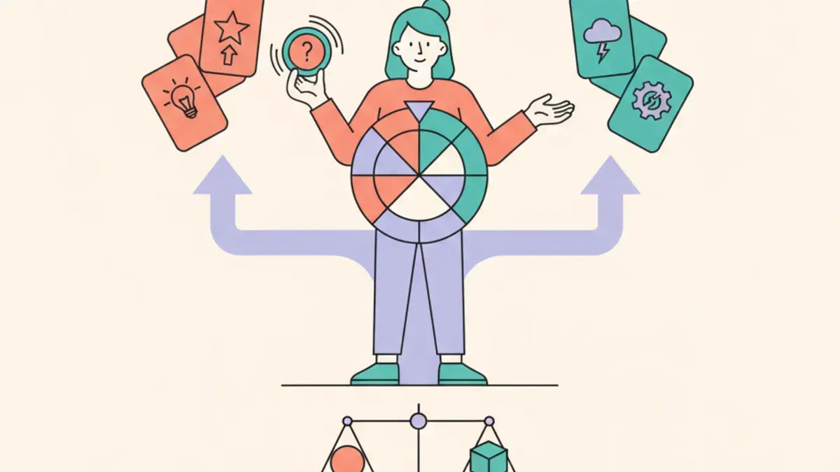 Person standing at a fork in the road with a colorful decision wheel, scales, and option cards