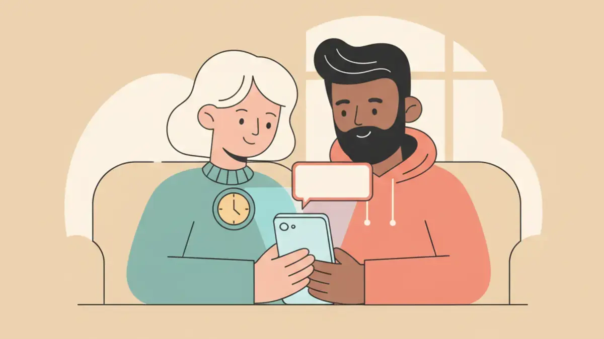 A couple on a couch at night choosing a last-minute date idea from a card on a phone, with a clock showing evening time