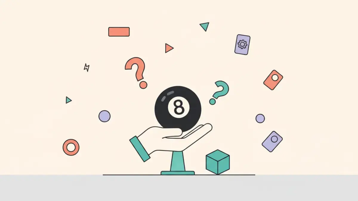 Hand holding a Magic 8 Ball with floating question marks and choice cards on a soft pastel background