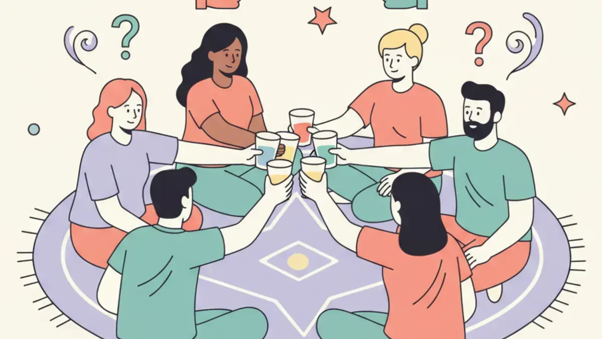Friends clinking drinks in a circle with thumbs icons showing I have and I haven't