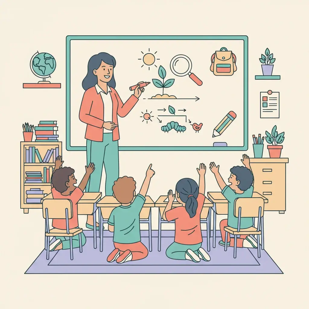 Teacher using a Pictionary-style whiteboard game for classroom vocabulary review while students raise their hands