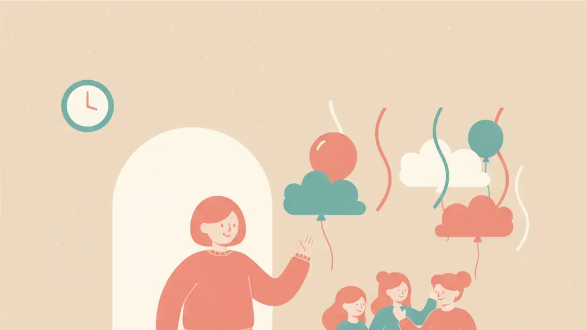 A person waving goodbye at a party doorway with a friendly speech bubble and a small clock icon