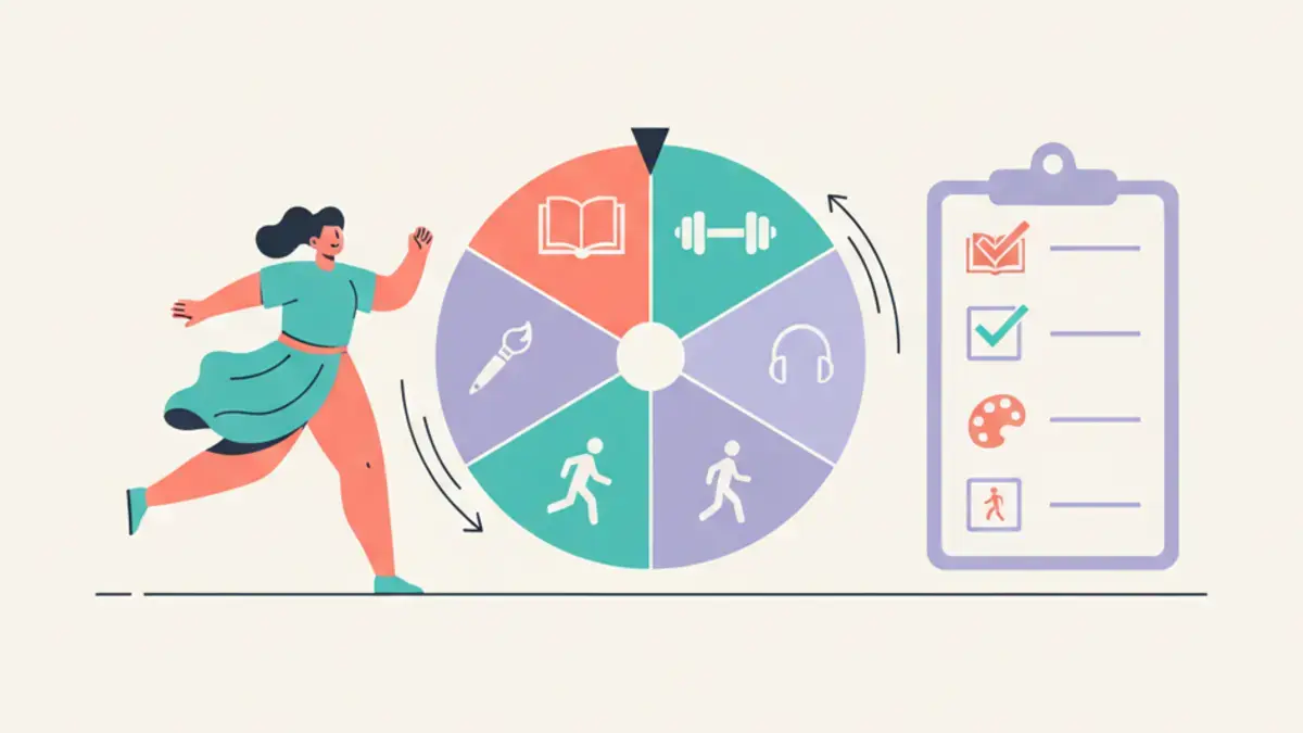 Person spinning a colorful activity wheel with icons for books, workouts, art, and walks