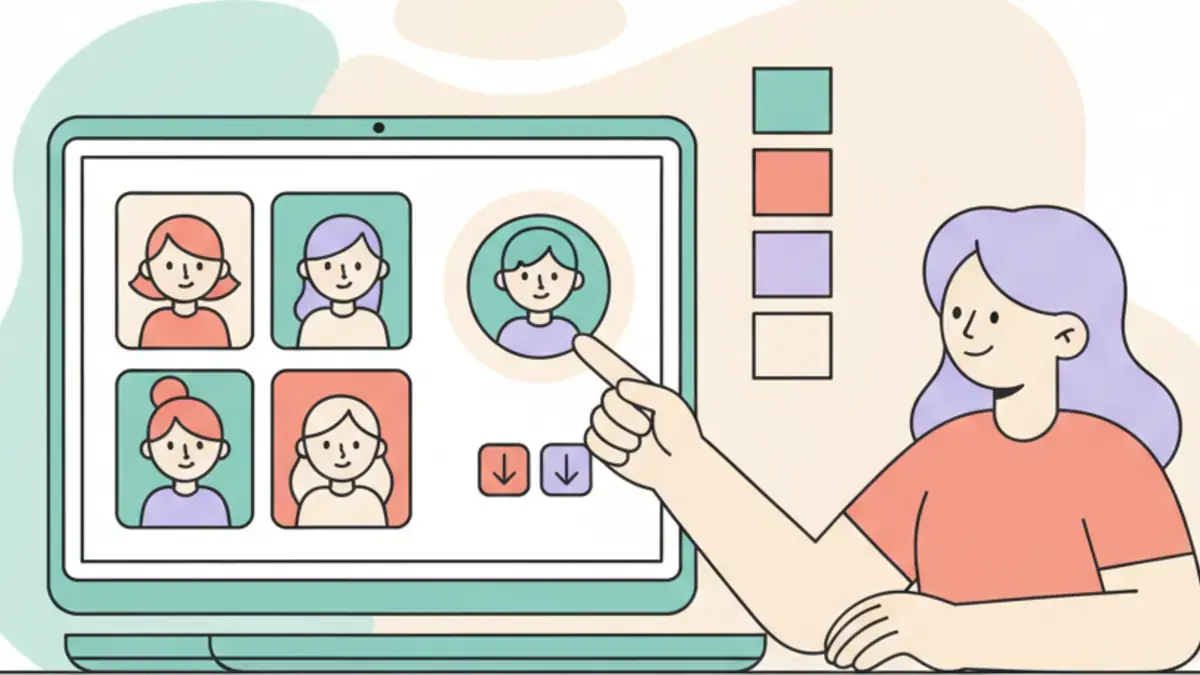 Person selecting a generated avatar on a laptop with palette swatches and download icons in a pastel illustration