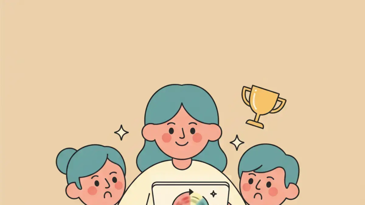A teacher pointing at a tablet with a spinning list of student names and a small trophy icon